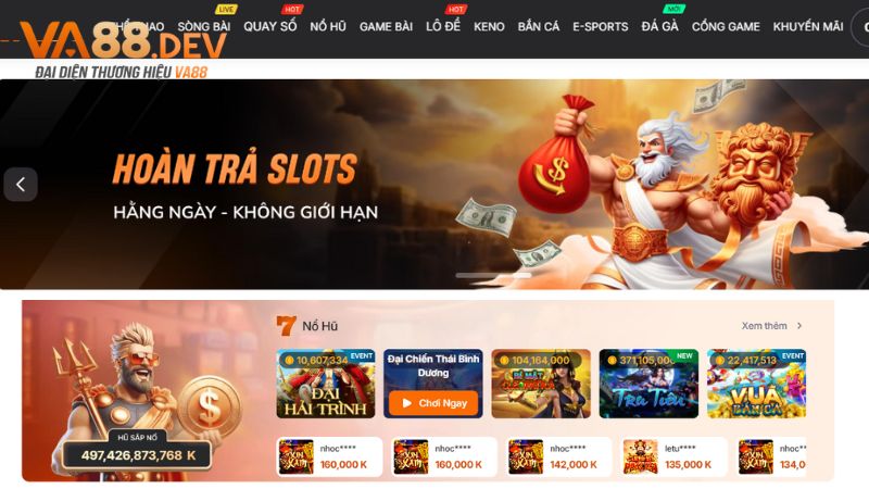 Nội dung khuyến mãi hoàn trả slots va88